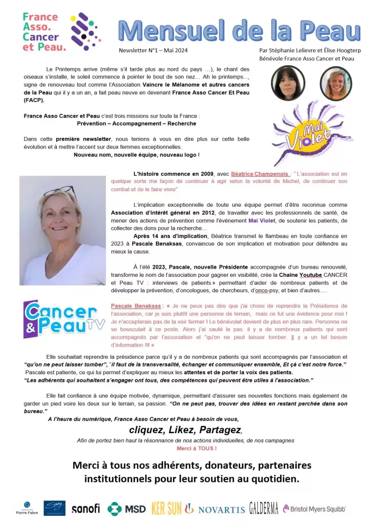 Newsletter numéro 1 qui relate le changement de nom de notre association au profit de France asso cancer et peau